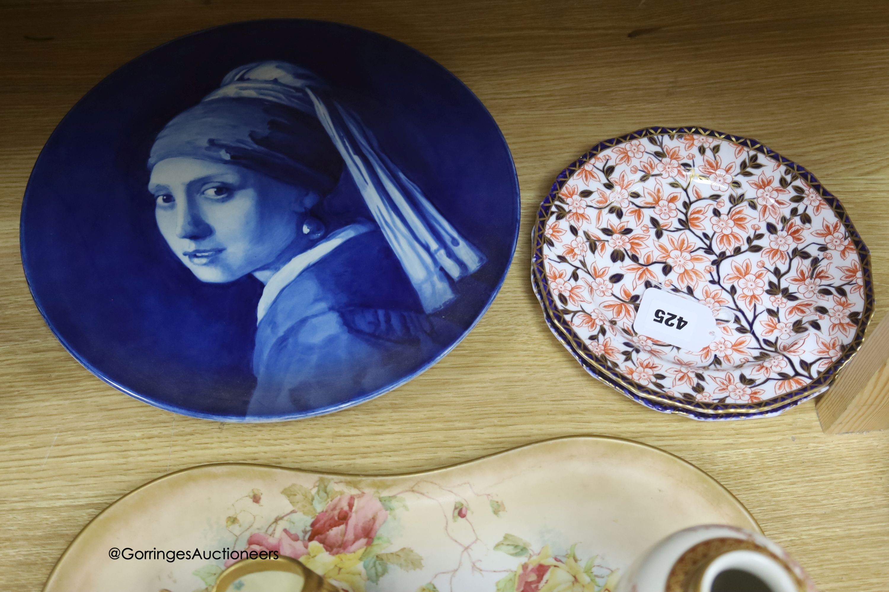 A Doulton tray, a Royal Worcester blush shell dish, 22cm, a Dutch charger and Satsuma vase and two Derby plates